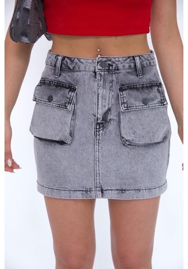 Zeo Basic Kargo Cepli Grey Mini Skirt Gri