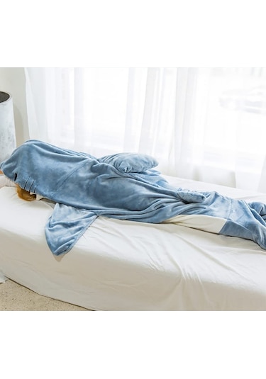 Wezone Mavi Büyük Beden Xl/190 90 Yumuşak Flanel Kapüşonlu Uyku Tulumu - Evde Giyilebilir Geniş Kumaş Shark Pijama Mavi