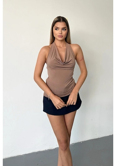 Giysa Kadın Degaje Yaka Kolsuz Basic Bluz Vizon - 25y 2450 Vizon