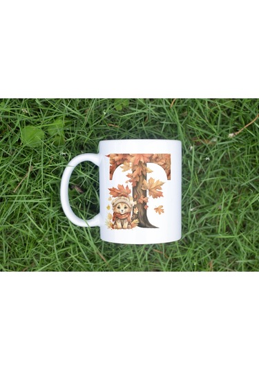T Harf Sonbahar Yaprak Temalı Kupa Bardak - Sevimli Figürler İle Alfabe Harfli Bardak - Kişiye Özel Beyaz