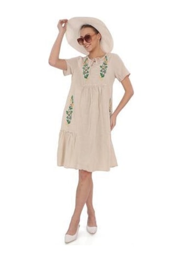 Yarım Kol Yuvarlak Yaka İşlemeli Keten Elbise-9166 KREm Krem
