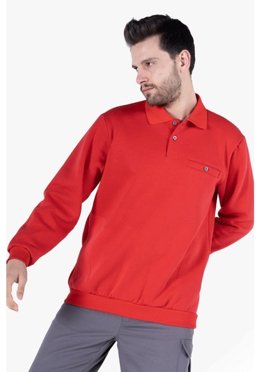 3 İplik Polo Yaka Fleto Cepli Sweatshirt Kırmızı