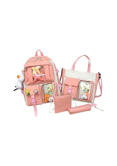 Deweiqi 4 Parça Büyük Kapasiteli Sırt Çantası - Siyah C4lıpl Açık Pembe