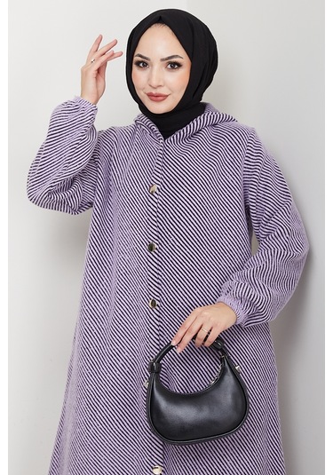 Çizgi Detay Kapüşonlu Kaşe Kap 1634 - Lila Lila