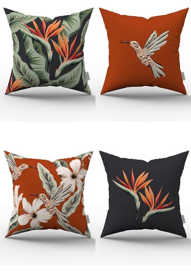 Çift Taraflı Turuncu Çiçek Kuş Desenli Dijital Baskılı Kırlent Kılıfı Seti 4kmbs324-ct
