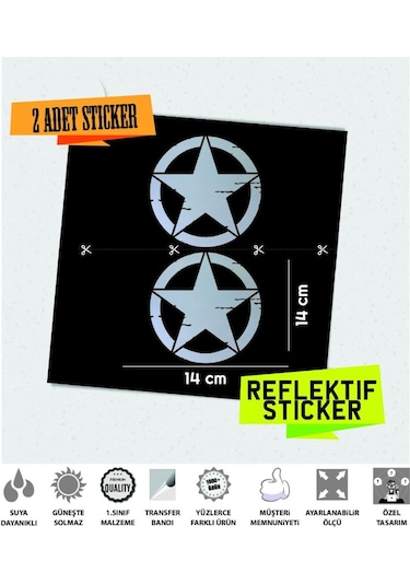 2'li Büyük Boy Eskitilmiş Askeri Yıldız Seti Reflektif Sticker Çınar Extreme