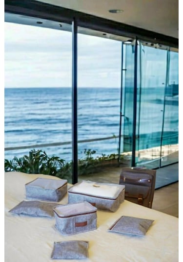 Deri Detaylı Gri 6'lı Set Bavul İçi Düzenleyici Organizer Valiz Düzenleyici Bebek Doğum Hurcu Gri