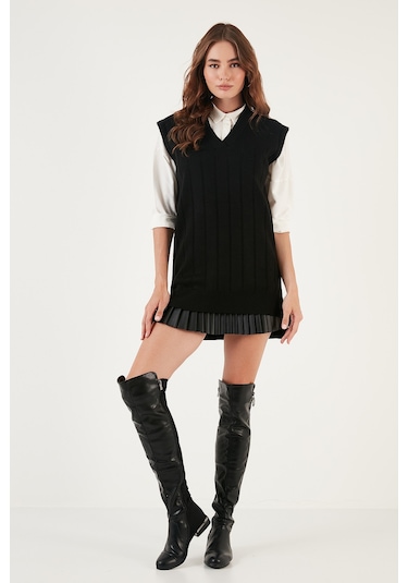 Lela V Yaka Arkası Uzun Triko Bayan Süveter 4616088Y Siyah