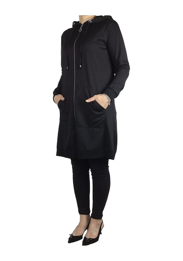Kadın Kapşonlu Önü Fermuarlı Kanguru Cepli Kristal Kumaş Ceket Siyah