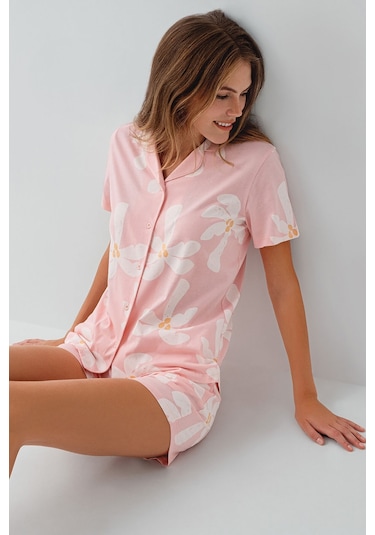 Rolypoly Kadın Pembe Gömlek Şort Takım Rp3780-s-v2 Pembe