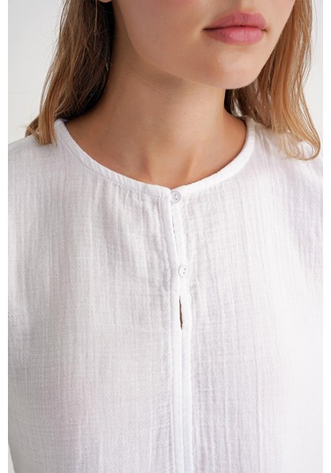 4713 Kadın Beli Büzgülü Kolu Lastikli Bol Müslin Bluz Beyaz Beyaz