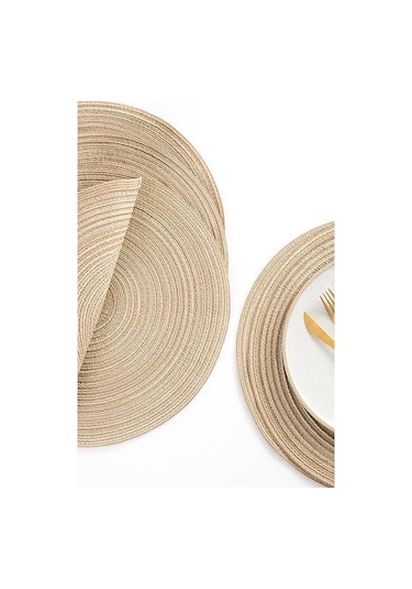 8'li Paket Yuvarlak Dokuma Amerikan Servisleri Isıya Dayanıklı Amerikan Servisleri Sarımsı Kahverengi