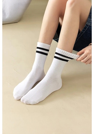 Unisex 5 Çift Premium Kalite Yüksek Pamuklu Kolej Çorap Beyaz