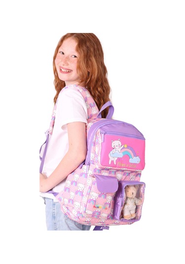 Elatae Su Geçirmez Kumaş Kız Çocuk Çok Gözlü Ortopedik Sırt Okul Çantası L5241 Pembe