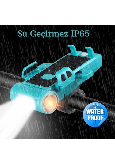 Techtic 5in1 Bisiklet Feneri Şarjlı Telefon Tutucu+korna +sis Far Yeşil