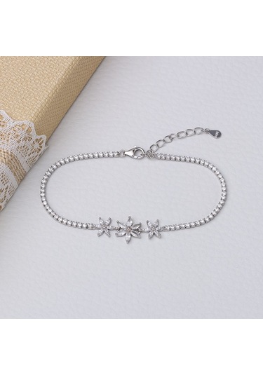 3'lü Çiçek Model Zirkon Taşlı 925 Ayar Gümüş Kadın Bileklik Gümüş