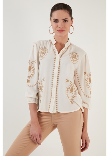 Lela Nakış Işlemeli Truvakar Kol Hakim Yaka Pamuklu Şile Bezi Bayan Gömlek 611Bz0044 Ekru-Bej