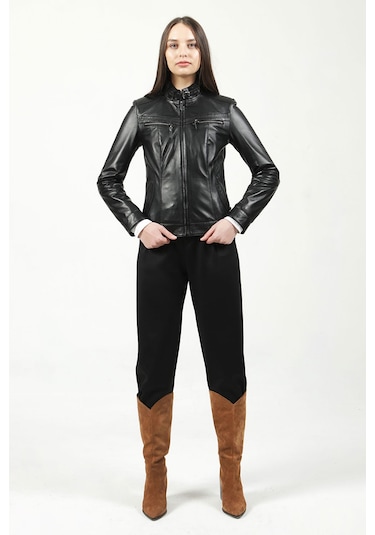 Dericlub Yb-2107 Gerçek Deri Kadın Mont Siyah