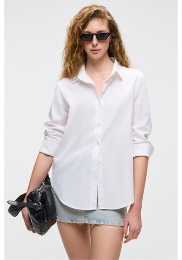 DELFINO Kadın Oversize %100 Organik Pamuk Uzun Kollu İnce Uzun Beyaz Gömlek