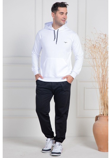 Mecit 2975 Beyaz %100 Pamuk Kapüşonlu Spor Model Büyük Beden Erkek Pijama Takımı Beyaz