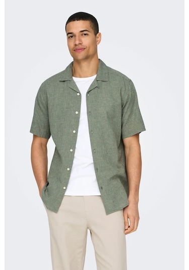 Only & Sons Erkek Onscaıden Kısa Kollu Keten Gömlek 22025116 Yeşil Yeşil
