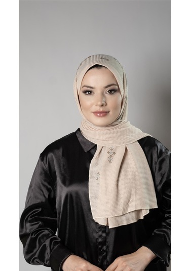 Bej Pratik Hazır Geçmeli Tesettür Şal Örme Kumaş Taşlı Çiçek Desenli 2118c 12