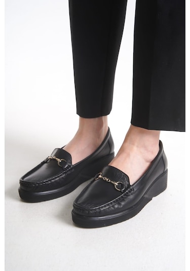 Büyük Numara Hakiki Deri Ortepedik Comfort Kadın Ayakkabı Siyah