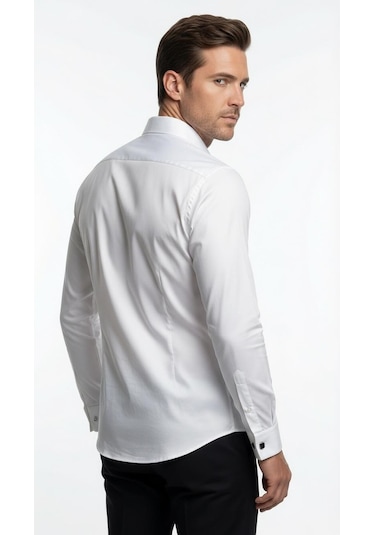 Erkek Klasik Gömlek Pamuklu Esnek Kumaş,slim Fit Uzun Kollu, Fransız Manşetli Plus Scorpion Beyaz