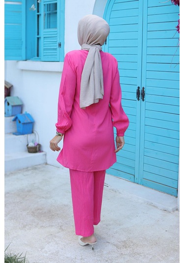 Yandan Bağlamalı Tesettür Fuşya Takım Fuşya