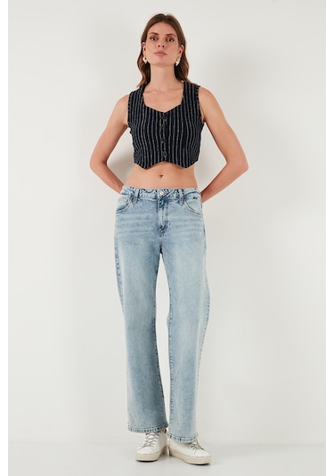 Lela Slim Fit Kalp Yaka Düğmeli Kalın Askılı Crop Bayan Yelek 5865497 Lacivert Çizgili