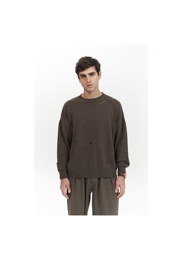 Alec Fitilli Yırtık Detay Kahve Erkek Triko Kazak Kahverengi