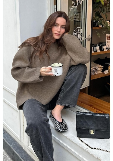 Madmext Madmext Bisiklet Yaka Oversize Triko Kazak MG1972 Vizon