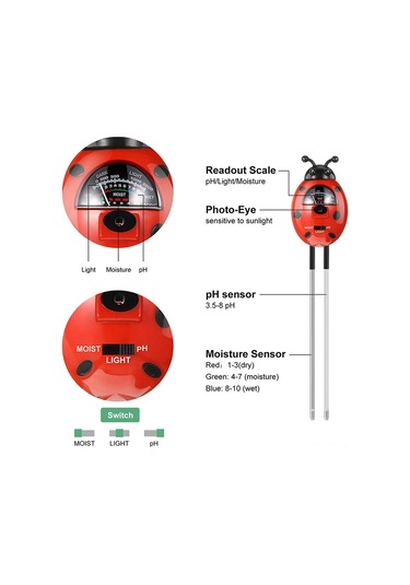 Yaleker Böcek Şekilli Toprak Test Cihazı - Nem, Asitlik Ph 3.5-8 Ölçer, Bitki Bakımı İçin, Pil Yok