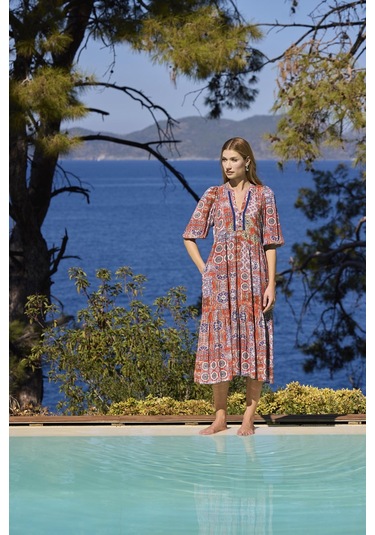 Monamise Kadın Etnik Desenli Truvakar Kollu Önü Düğmeli V Yaka Elbise 25031 Saks