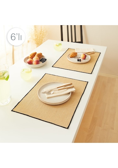 Home Wave 6'lı Siyah Dikiş Detaylı Jüt Amerikan Servis 45 X 35 Cm Bej