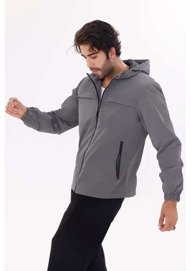 Erkek Kapüşonlu Nova Kumaş Hafif Ve Dayanıklı Şık Mevsimlik Su Ve Rüzgar Geçirmez Yağmurluk Antrasit