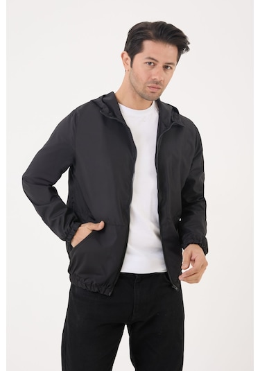 Erkek Siyah Kapüşonlu Su Ve Rüzgar Geçirmez Cepli İçi Astarlı Oversize Yağmurluk Siyah