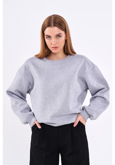 Comeor Gri Kadın Pamuklu Oversize Basic Bisiklet Yaka Sweatshirt 001