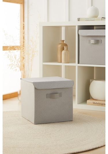 Ocean Home Textile 2'li Gri Balıksırtı Kapaklı Kutu Set 30 x 30 x 30 cm