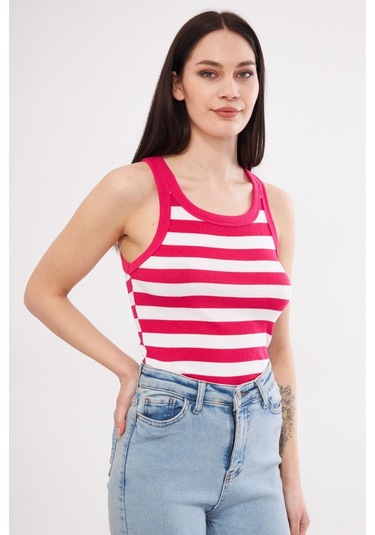 Mea Capio Kadın Çizgili Fitilli T-shirt Halter Yaka Örme Atlet Pembe - Pembe