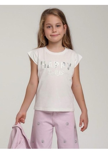 Escabel Kız Çocuk Pamuklu Happy Pul İşlemeli Tshirt-15637 Ekru