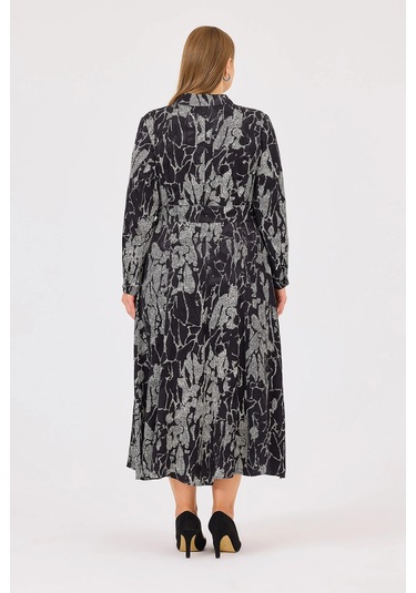 Galaxi Kadın Büyük Beden Desenli Cep Detaylı Elbise 4015 Siyah Siyah