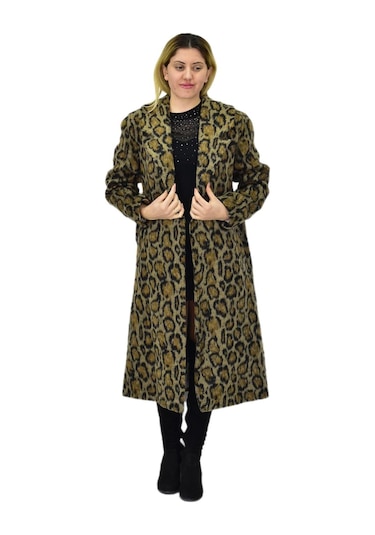Kadın Leopar Desenli Uzun Kaşe Kaban Bgl-st04064 Haki