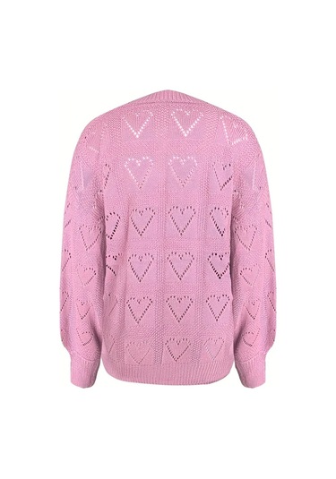 Pazarella Kadın Uzun Kollu V Yakalı Kalpli Salaş Triko Bluz Pembe