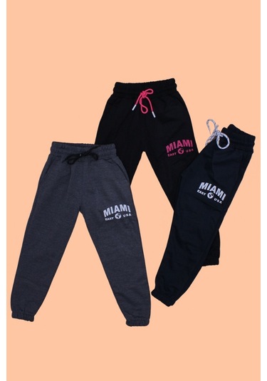 3'lü Boston Baskılı Kız Çocuk Çift Cep Lacivert-siyah-füme Eşofman Altı Çok Renkli