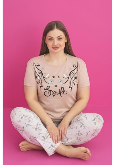 X-dreamy Büyük Beden Pamuklu Çiçekli Kısa Kollu Pijama Takımı Kahverengi