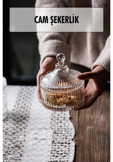 Çizgili Cam Şekerlik Beyaz