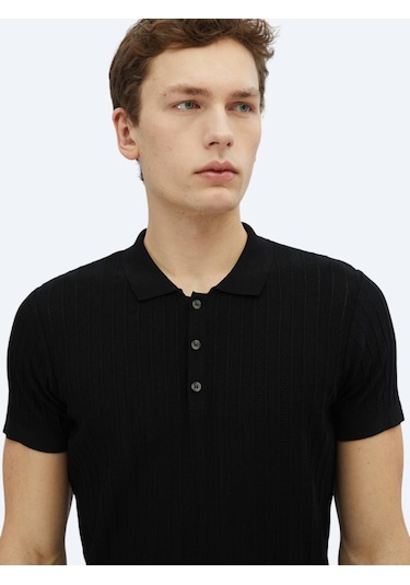 Kip Siyah Polo Yaka Desenli Triko Siyah