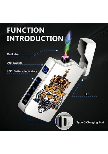 Trendooze Gaojunshop01 Taçlı Kaplan Desenli Rüzgar Geçirmez Usb Şarjlı Çift Arklı Çakmak Gümüşi El Eletrikli Cep Aletleri İçin Gümüş