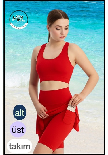 Kadın Takım Alt - Üst Biker Şort Diz Üstü &crop Bra Ped Destekli Denizde Havuzda Sporda Kırmızı Kırmızı